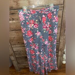 Stretchy Floral Navy Striped Pants w/ Elastic Back Waistband  Tie Belt Front XL